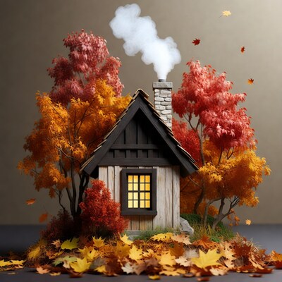 Miniature Autumn Cottage with Fall Trees
