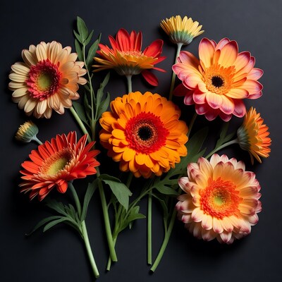 Colorful Gerbera Daisies on Black Background