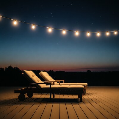 Deck chairs under string lights at night