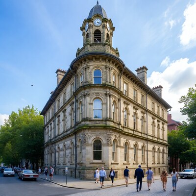 Victorian Clock Tower Building with Pedestrians