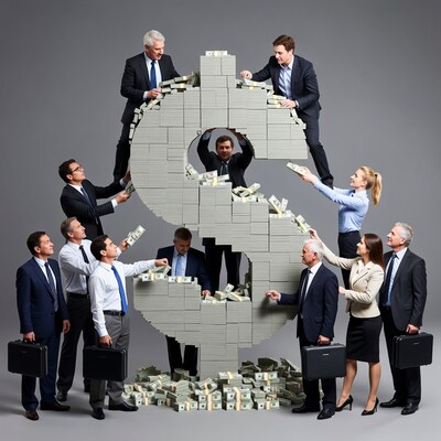 Business people building giant dollar sign