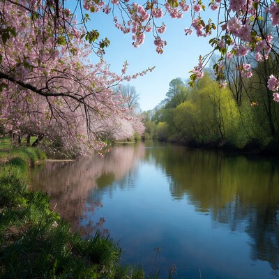Cherry Blossoms Over Calm River