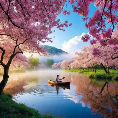 Man paddling canoe under cherry blossoms