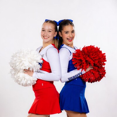 Two smiling cheerleaders with pom poms