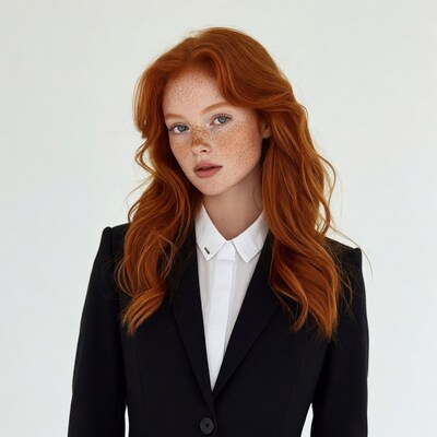 Redhead woman in black blazer suit