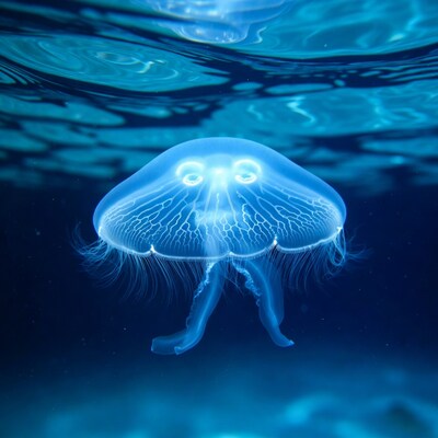 Glowing Jellyfish in Deep Blue Ocean
