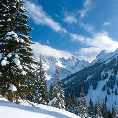 Snowy Pine Trees and Mountains
