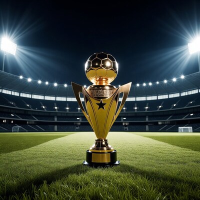 Golden Soccer Trophy on Stadium Field