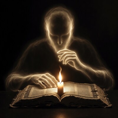 Ghostly man reading candlelit book
