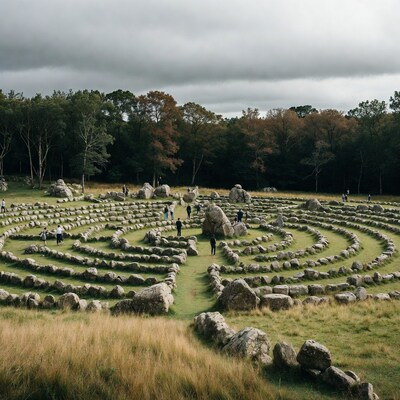 Stone Labyrinth with People in Forest