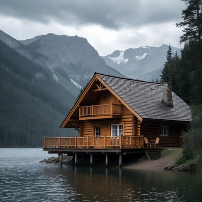 Log cabin on lake with mountains