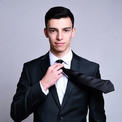 Young man adjusting black tie