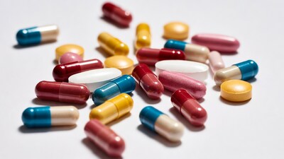 Colorful pills and capsules scattered