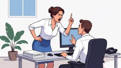 Boss Woman Scolding Man at Desk