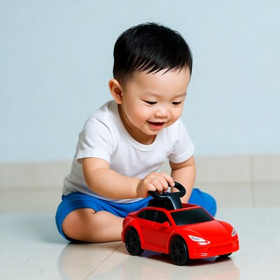 Asian baby boy playing with red toy car