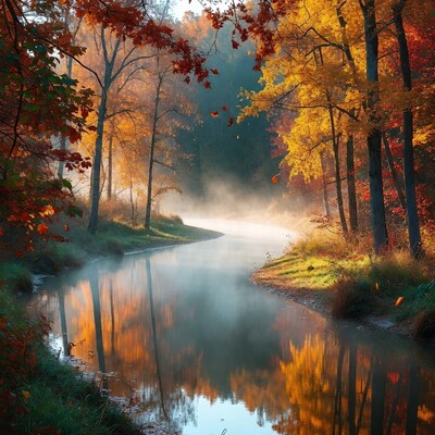 Autumn Forest Path with Misty River