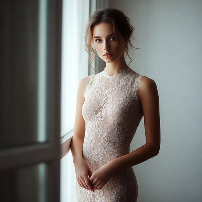 Woman in lace dress by window