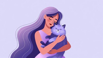 Woman hugging purple cat illustration
