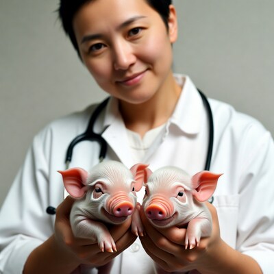 Asian female vet holding two piglets