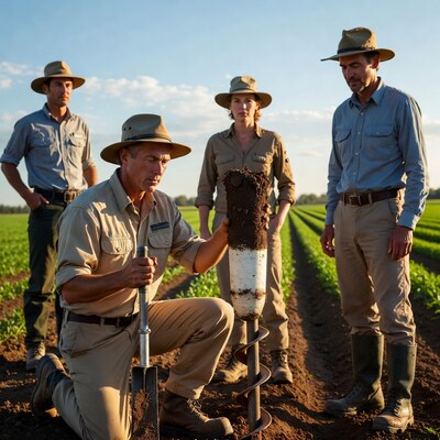 Farmers examining soil core in crop field