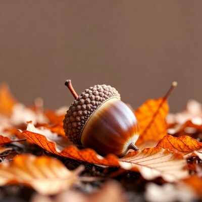 Acorn on autumn leaves