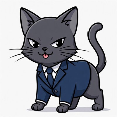 Cartoon black cat in blue suit