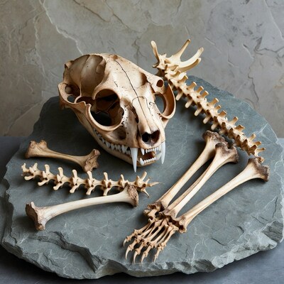 Bobcat Skull with Bones on Slate
