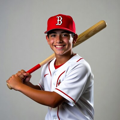 Boy in Red Sox jersey holding baseball bat