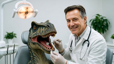 Dentist examining T-Rex teeth