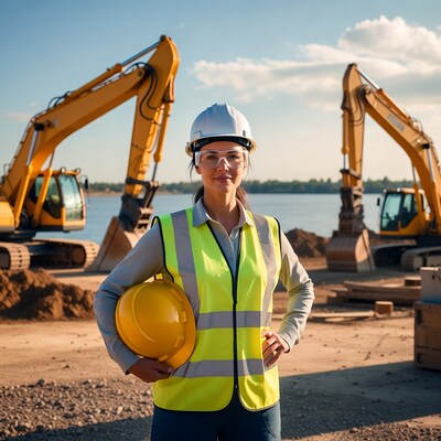 Female engineer with hard hat and excavators