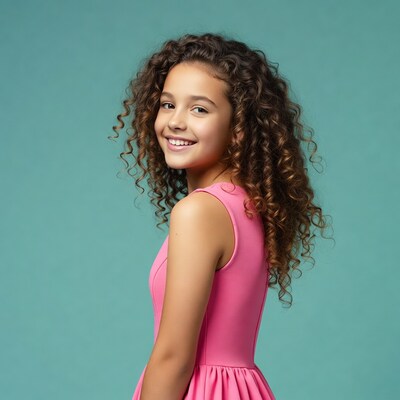 Girl in pink dress smiling sideways