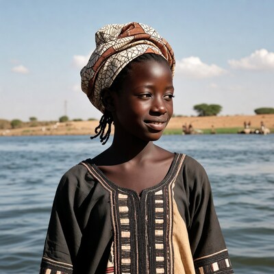 African girl in headwrap by lake