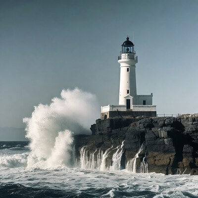 White lighthouse on rocky cliff with crashing waves
