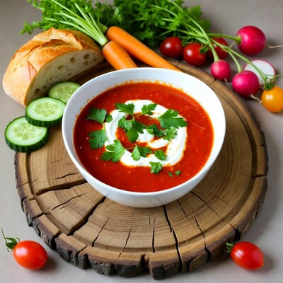 Tomato Soup with Veggies and Bread