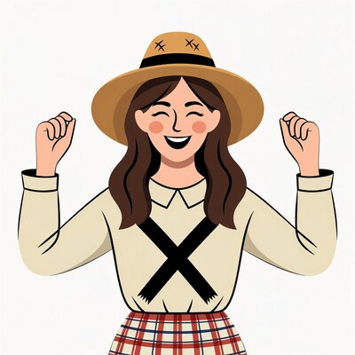 Happy woman raising arms in straw hat
