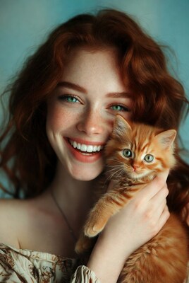 Redhead woman holding orange kitten