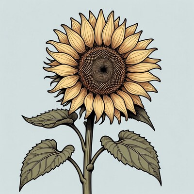 Illustrated Sunflower with Leaves