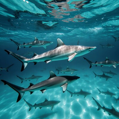 School of Blacktip Sharks Underwater
