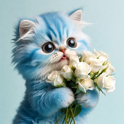Blue Kitten Holding White Roses