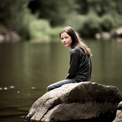Girl sitting on rock by river