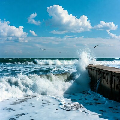 Waves crashing against pier