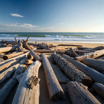 Driftwood on beach with ocean waves