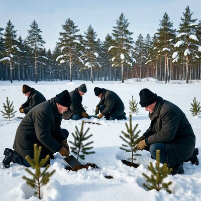 Men planting pine seedlings in snowy forest