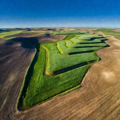 Aerial view of green field terraces