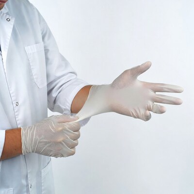 Doctor putting on latex gloves