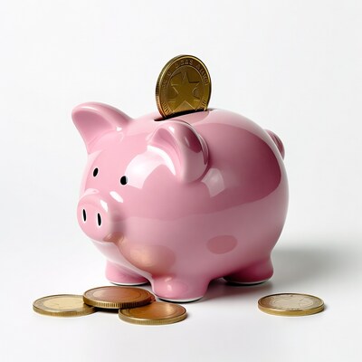 Pink piggy bank with gold coin