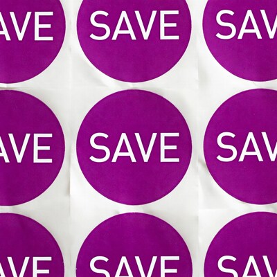 Purple SAVE Stickers on Sheet