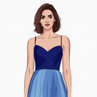 Woman in blue strapless dress illustration