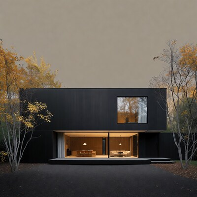 Black modern house amid autumn trees