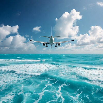 Airplane flying over turquoise ocean